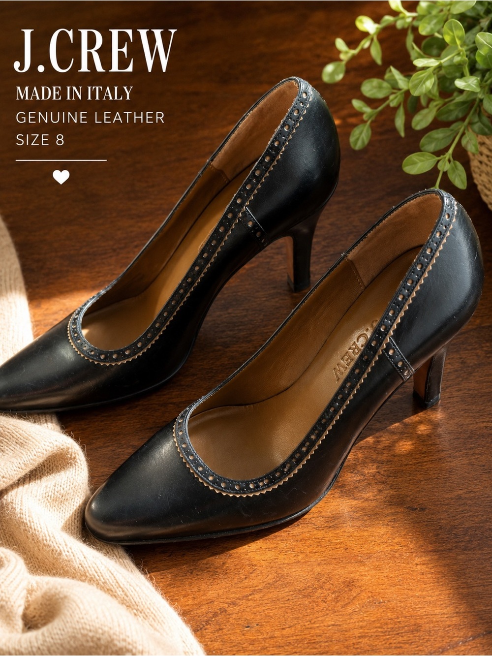 J.Crew Italian Leather Pumps Black Vintage Inspired Heels 8 Made in Italy EUC